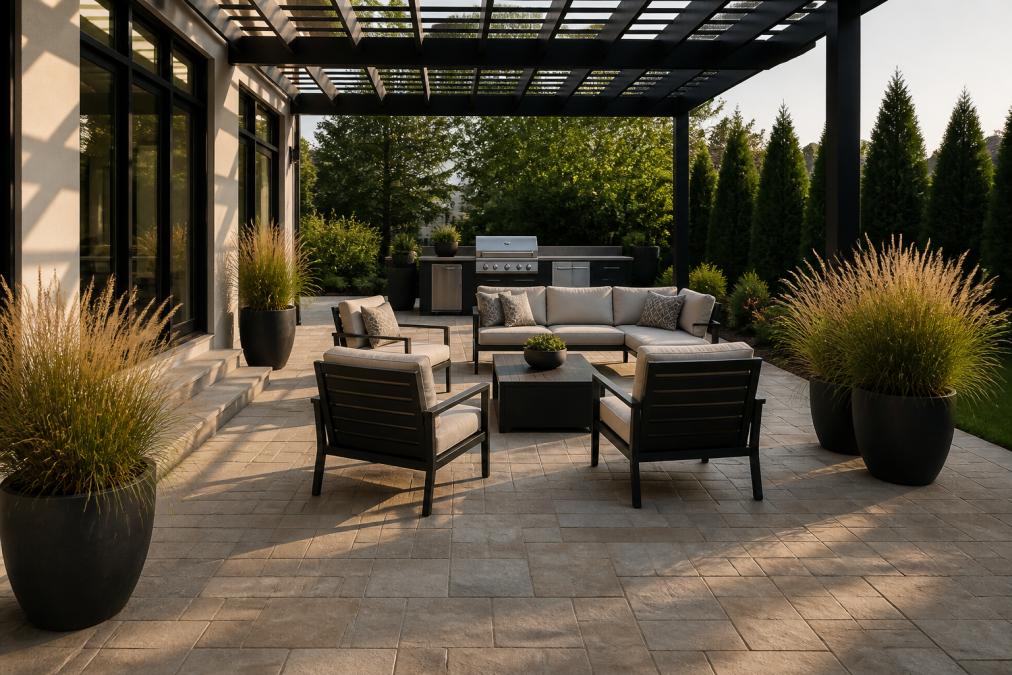 Contemporary patio with natural stone pavers in a running bond pattern, mixed with large potted ornamental grasses, a modern pergola overhead casting geometric shadows, and contemporary furniture arranged in conversation groupings