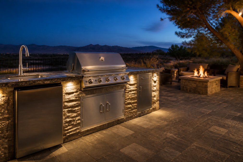 Stainless steel outdoor kitchen island with integrated gas grill, sink, and refrigerator on a stone patio at dusk, with a gas fire pit visible in the background and warm accent lighting illuminating the cooking area