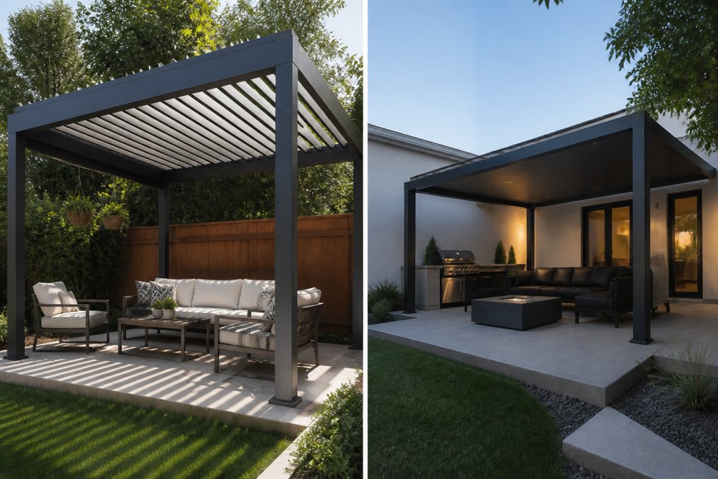 Modern louvered aluminum pergola on a small patio showcasing modern pergola designs for small backyards
