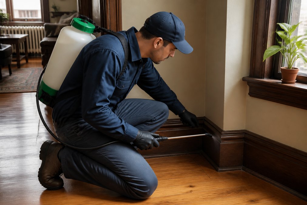 Licensed pest control technician in uniform applying eco-friendly treatment to interior corner of Boston brownstone, demonstrating careful technique with visible attention to property preservation
