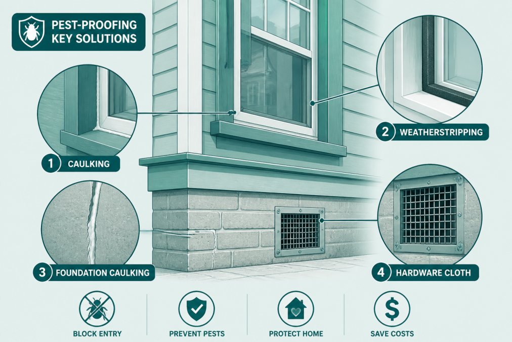 Close-up of sealed entry points and caulking around windows and foundation cracks in older Boston-area home exterior, showing preventative pest-proofing work with weatherstripping and hardware cloth