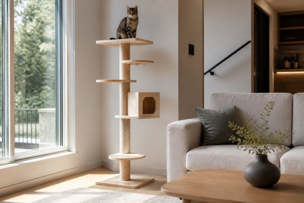 A sleek, modern living room with a minimalist cat tree in natural wood tones positioned near a sunlit window, a tabby cat perched on the top platform, surrounded by neutral-colored furniture and clean architectural lines