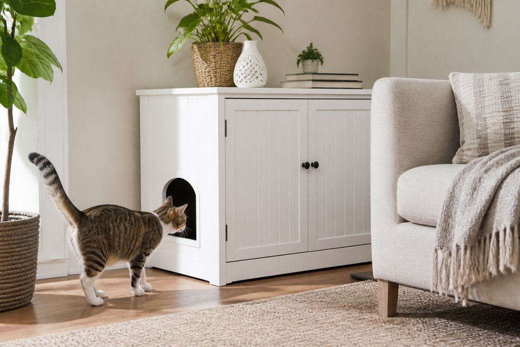Modern living room corner with a white wooden litter box enclosure styled as furniture next to a sofa, with a cat approaching the entrance