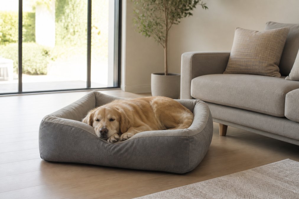 Minimalist living room with neutral-toned walls and light wood flooring, featuring a personalized plush pet bed in soft grey positioned beside a modern low-profile sofa, with natural sunlight streaming through large windows