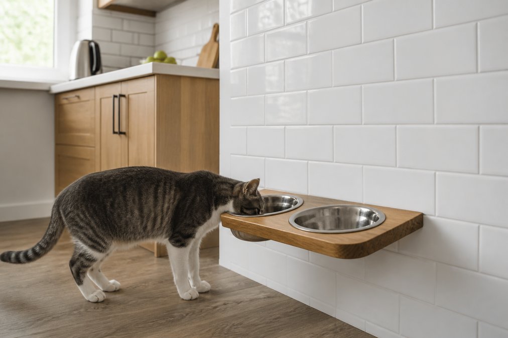 Bright, modern kitchen with white subway tile backsplash and light wood cabinetry, featuring a wooden floating feeding station mounted on the wall at mid-height, with stainless steel bowls positioned in the wooden frame, and a cat eating from one bowl below