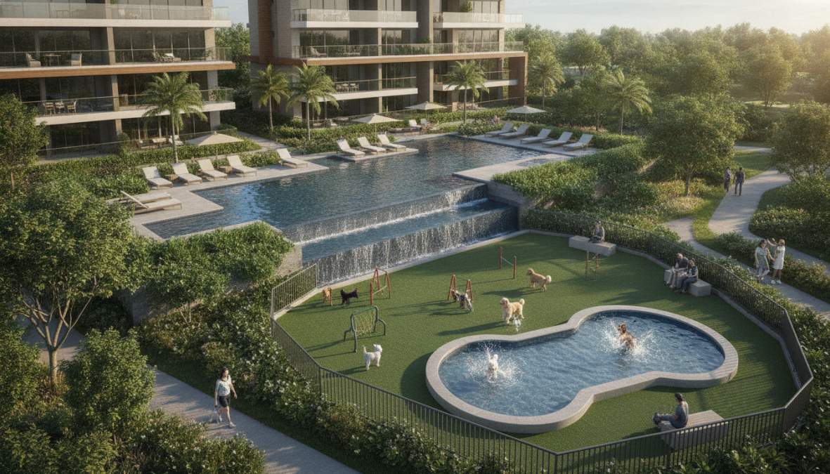 Modern Pet-Friendly Apartments With Pool: Complete 2026 Guide 1 A resident walking a golden retriever along a palm-lined path beside a sparkling resort-style pool at a garden-style apartment community in Boca Raton, warm afternoon light