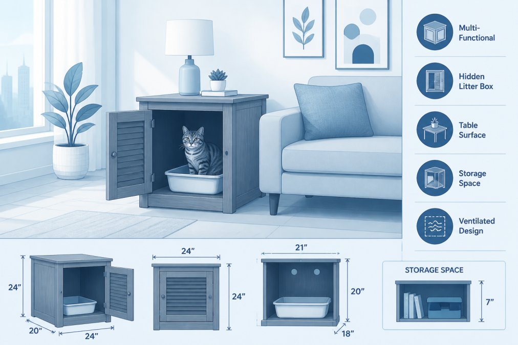 Modern apartment living room with a stylish wooden litter box enclosure positioned as an end table beside a sofa, a tabby cat visible inside the open door, minimalist décor with neutral tones and natural lighting streaming through windows