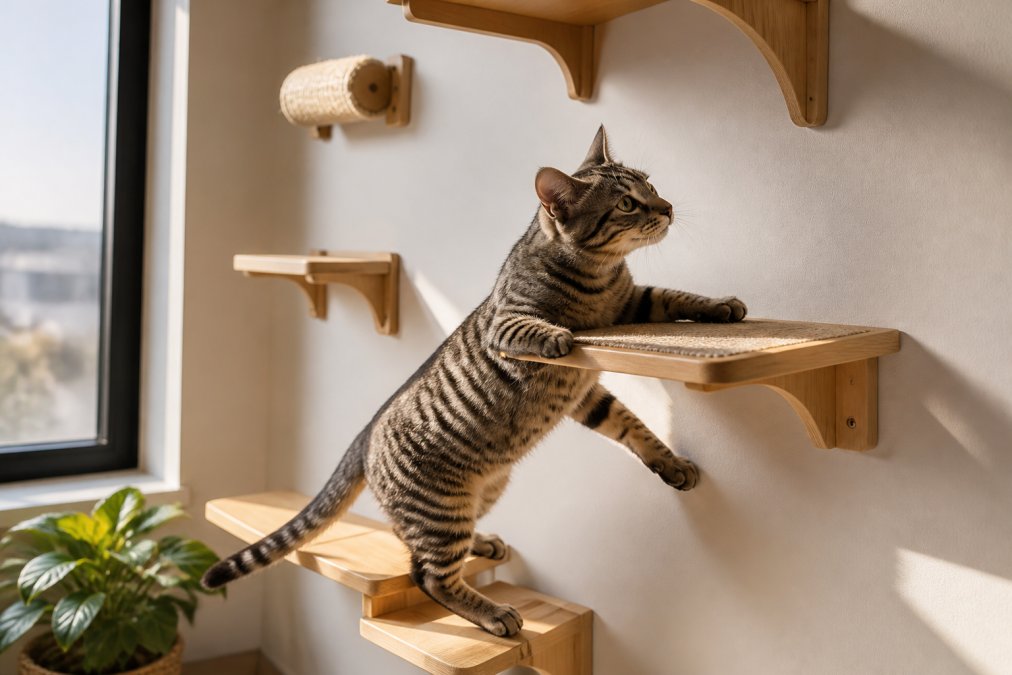 Close-up of a grey tabby cat mid-climb on wooden wall-mounted shelves, paws extended, with natural afternoon sunlight highlighting the texture of the sisal scratching surfaces and the cat's focused expression