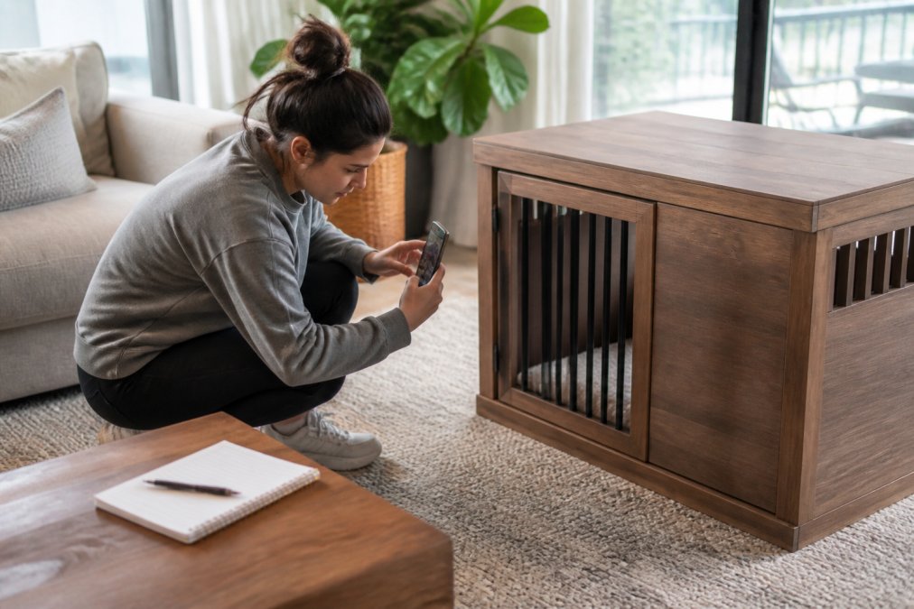 Infographic illustrating the pet furniture return process: documenting item condition with photos of joints.