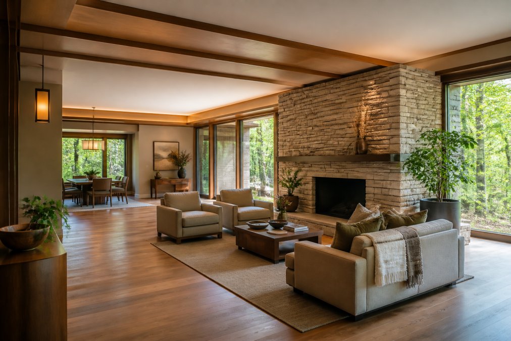 Serene living room interior showcasing Modern Prairie design with horizontal architectural lines, low-sloping ceiling details, natural stone accent wall, warm wood flooring, large windows with natural light streaming in, and minimal warm-neutral furnishings arranged to emphasize spatial flow