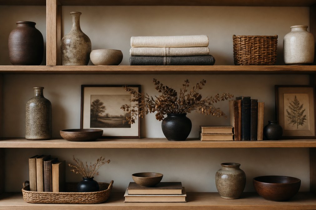 Thoughtfully arranged shelf vignette displaying curated home decor items including handmade ceramic vessels in warm tones, layered linen and wool textiles, vintage books, dried botanical elements, and personal objects arranged with intentional spacing and visual balance on natural wood shelving