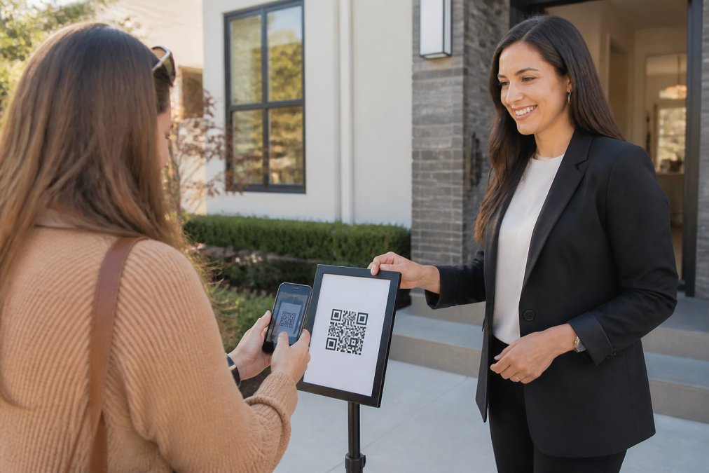 Professional real estate agent at open house entrance holding smartphone displaying QR code check-in interface, with visitor in background scanning code with their phone