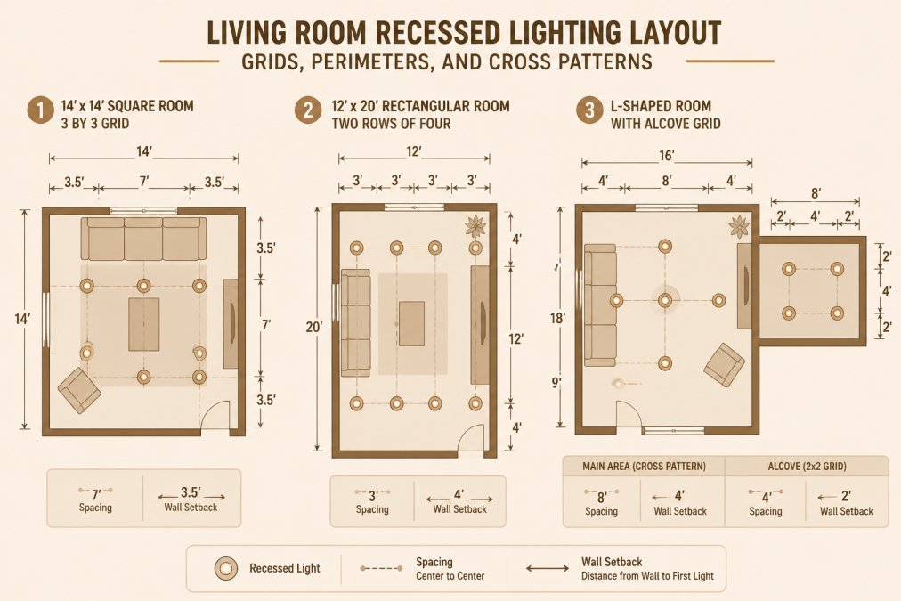 Three dimensioned plan views, a 14x14 square room with a 3-by-3 grid, a 12x20 rectangular room with two rows of four, and an L-shaped room with a separate alcove grid, each labeled with spacing and wall setback measurements