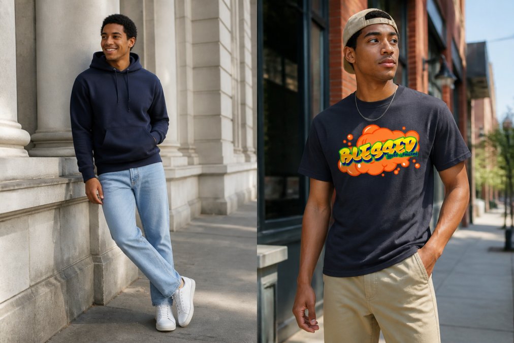 Young adult wearing a faith-inspired hoodie styled casually with jeans and white sneakers, standing confidently in a modern urban setting with natural daylight, appearing approachable and stylish