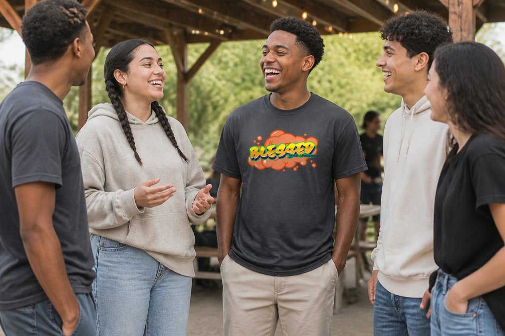 Group of diverse young adults wearing various faith-inspired apparel pieces engaged in animated conversation at a casual community gathering, with natural lighting and relaxed body language suggesting genuine connection