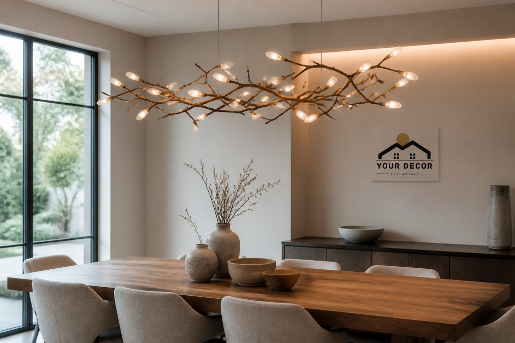 A modern dining room with a large branch-like sculptural chandelier hanging above a wooden table, soft ambient glow, minimalist decor, ceramic vases, linen chairs, natural light from windows