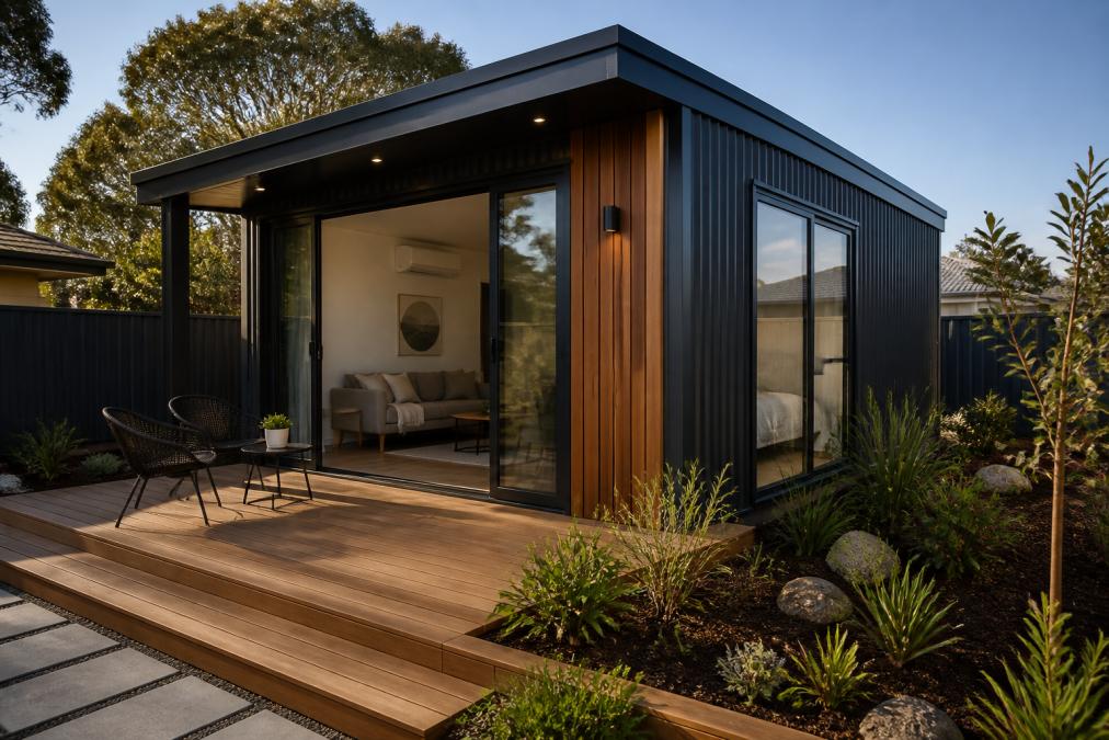 A modern steel-framed modular secondary dwelling in a suburban backyard, featuring large windows, a compact deck and native garden landscaping, photographed in soft afternoon light