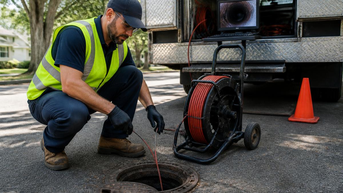 Technician using sewer diagnostic technology to inspect a pipe via a camera feed on a monitor