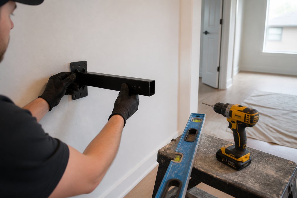 Close-up of a contractor's gloved hands installing a heavy-duty metal floating shelf bracket onto a drywall surface, with a torpedo level and cordless drill resting on a nearby sawhorse in a clean, well-lit residential worksite