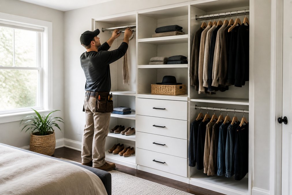 A finished custom closet interior with white MDF shelving, adjustable rod supports, and neatly organized clothing storage visible in a bright, naturally lit residential bedroom with clean baseboards and painted walls