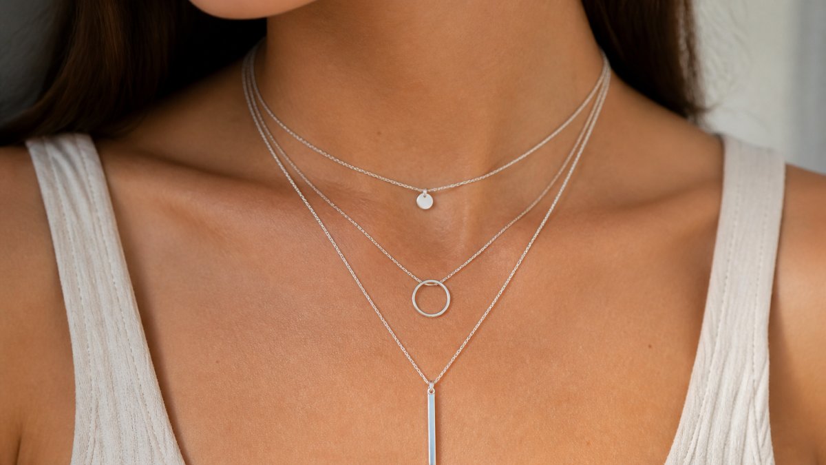 Close-up of a woman's neck and chest wearing three layered sterling silver necklaces of different lengths, soft natural lighting, neutral clothing, elegant everyday styling
