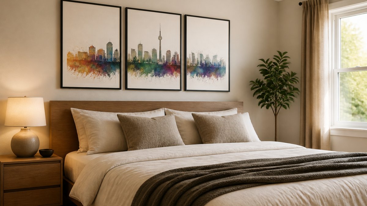 A calm, modern bedroom with a low wooden bed and three framed skyline art prints hung as a triptych above the headboard, soft neutral bedding, a small bedside lamp glowing, and natural daylight coming through a window