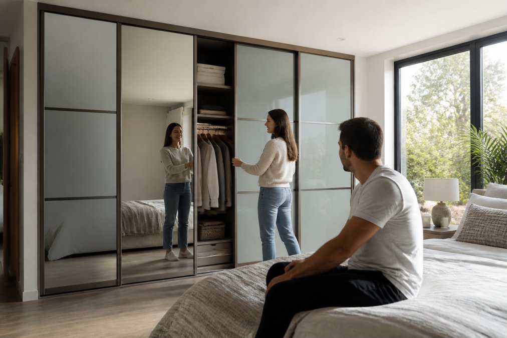 Modern sliding wardrobe door design ideas featuring mirror and frosted glass panels with bronze frames.