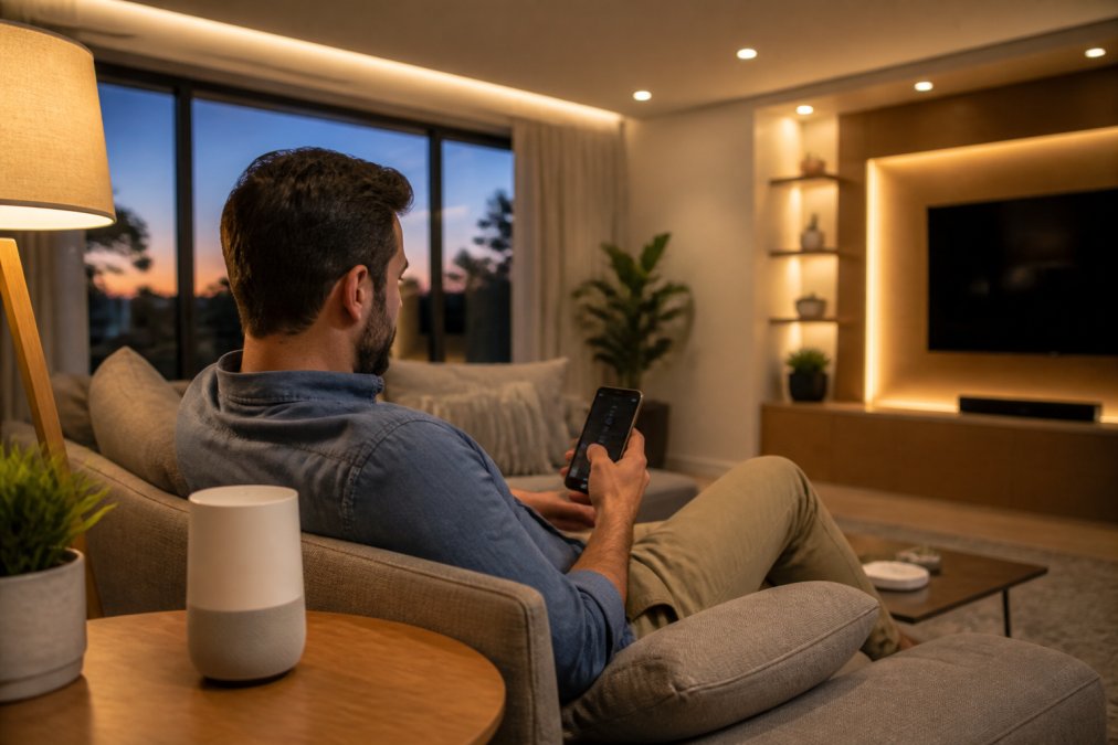 A bright, modern living room at dusk with warm smart lighting glowing from recessed ceiling fixtures, a person relaxing on a gray sofa adjusting settings on a smartphone while a white voice assistant speaker sits on a wooden side table