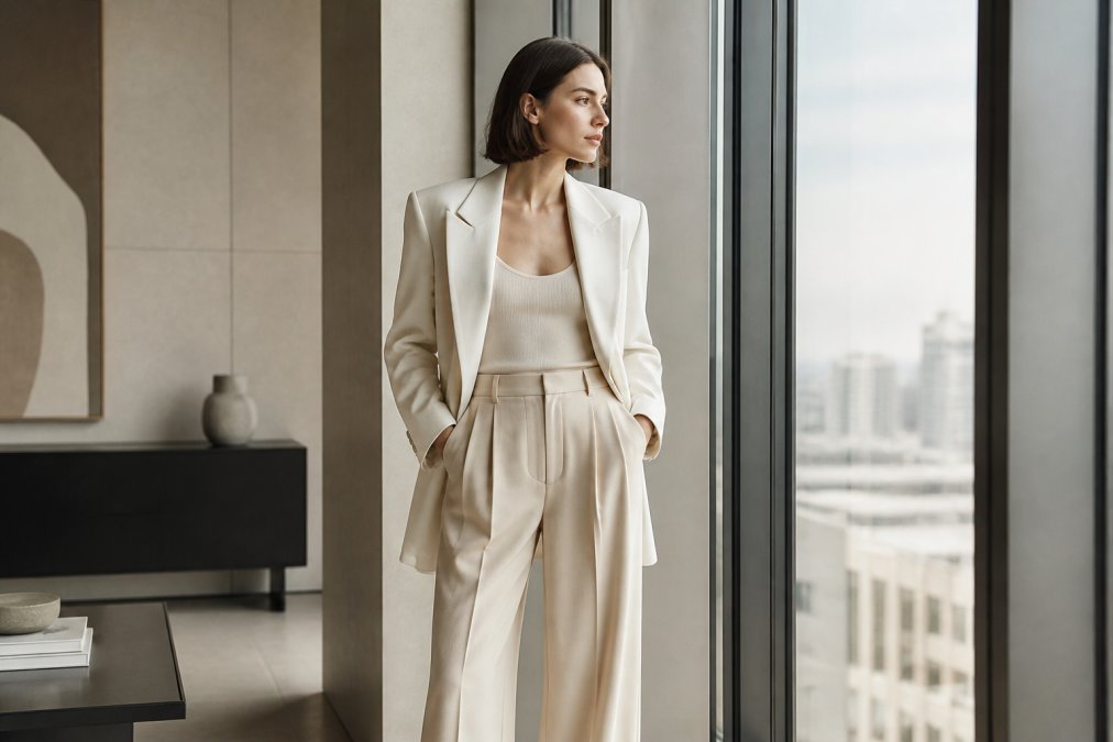 Woman wearing a tailored cream linen blazer with architectural shoulders and high-waisted neutral trousers, standing in soft natural light near a floor-to-ceiling window, showcasing refined proportions and clean silhouette lines