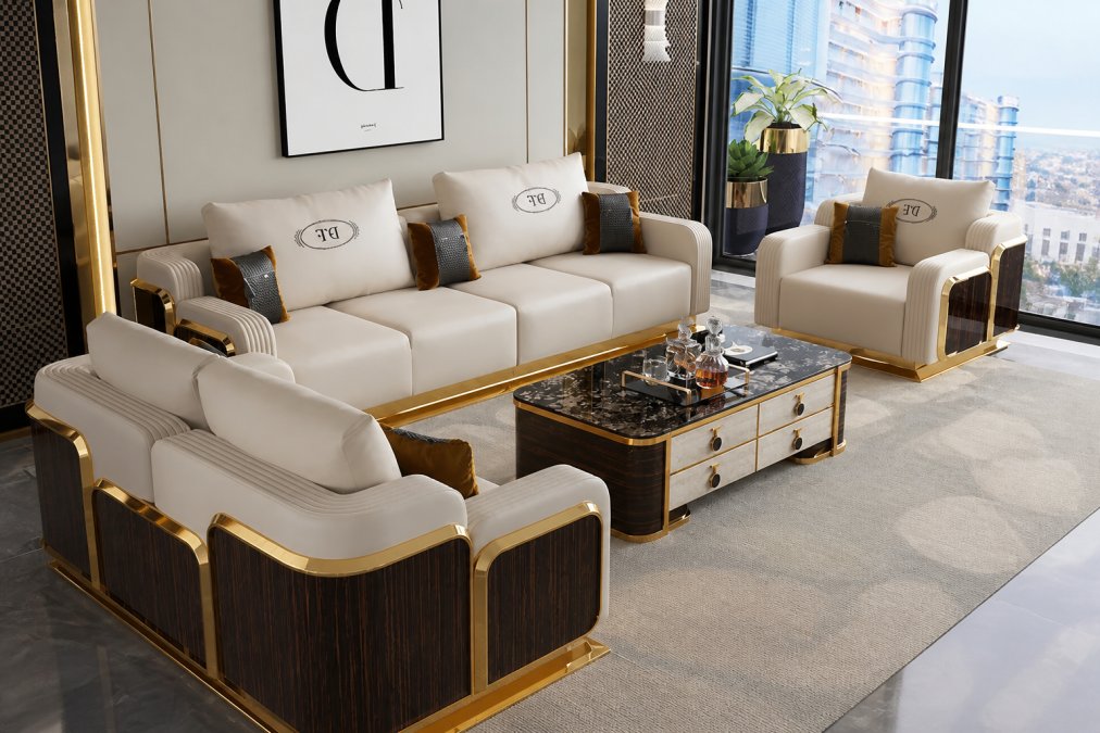 Luxurious modern living room featuring a sculptural leather sofa as the focal point, paired with a geometric glass coffee table and minimalist accent pieces, soft natural lighting streaming through large windows, showcasing how bold furniture becomes the centerpiece of sophisticated interior design