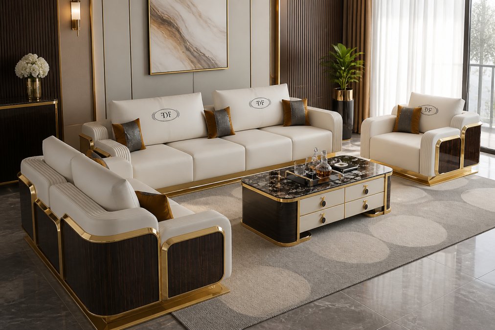Sophisticated living room interior with a sculptural statement sofa as the focal point, paired with a complementary Italian leather accent chair, layered textures including marble and metal surfaces, neutral color palette with warm lighting, demonstrating cohesive design that balances bold furniture with intentional styling