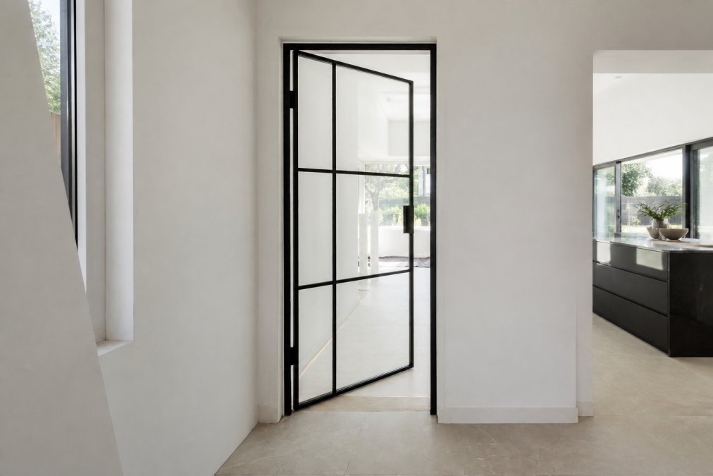 Contemporary residential interior featuring a slimline black steel hinged door with large toughened glass panels, natural daylight streaming through into an adjacent room, minimal frame visible, industrial-style hardware, modern minimalist aesthetic