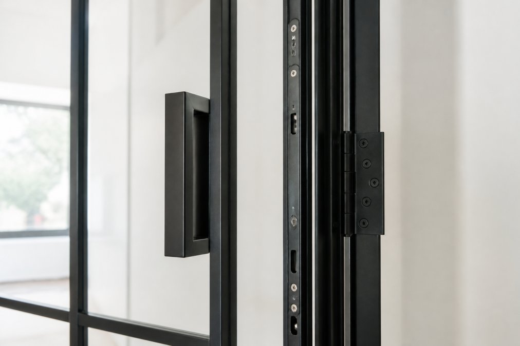 Close-up detail of polished steel door hardware showing mitred pull handle, visible hinges, and multi-point locking mechanisms installed on a modern steel door frame, professional installation quality