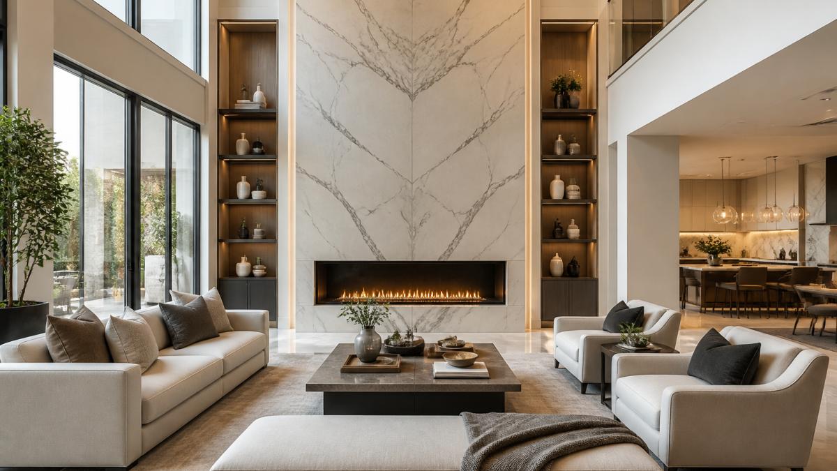 Luxurious living room with floor-to-ceiling modern stone fireplace featuring sleek marble surround, minimalist design with clean lines, warm fireplace glow, contemporary seating arrangement, and neutral monochromatic color palette with natural lighting