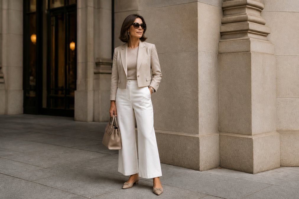 Woman in her 40s styled in a neutral, sophisticated capsule outfit featuring a cropped blazer, crisp white pants, and pointed-toe flats, standing confidently in natural light