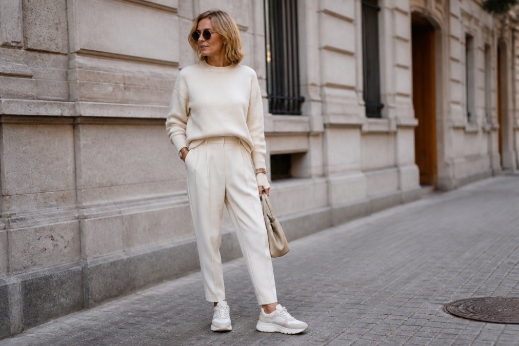 Mature woman wearing elevated sneakers with tailored trousers and a minimalist knitwear top, demonstrating how to balance casual and polished elements in modern lighting