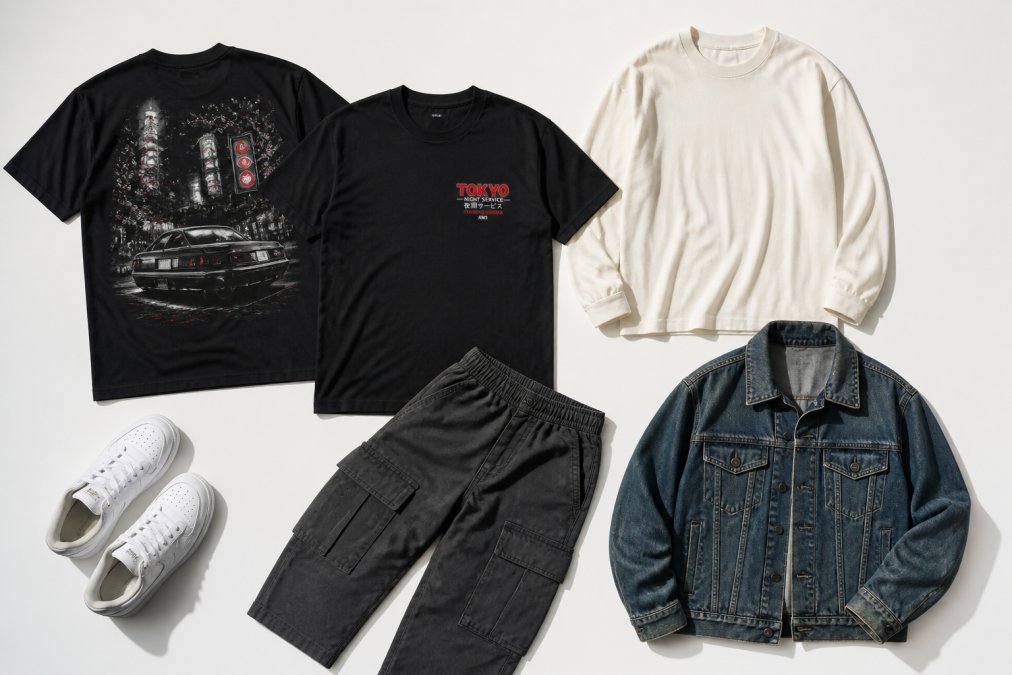 Flat lay arrangement of essential streetwear pieces including two heavyweight graphic tees with different artwork styles, neutral-colored oversized long-sleeve base layer, relaxed-fit cargo pants in charcoal, minimalist white sneakers, and a vintage denim jacket, all arranged on a clean white background with natural daylight