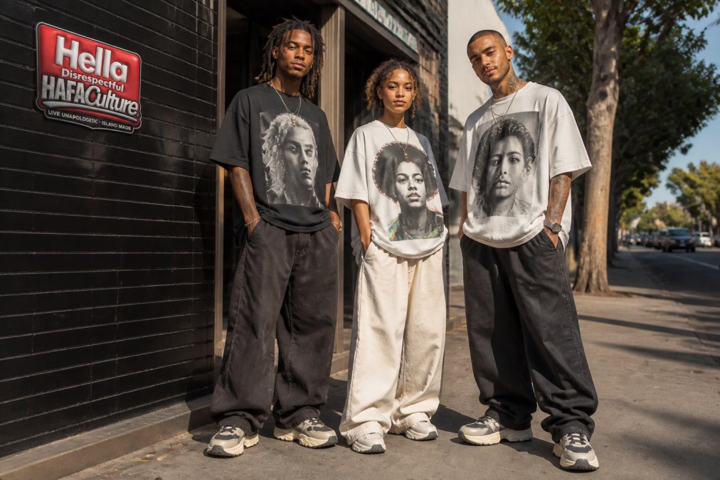 Three young adults standing on a sunlit urban sidewalk wearing oversized graphic tees, wide-leg trousers, and chunky sneakers, casual street scene with natural daylight