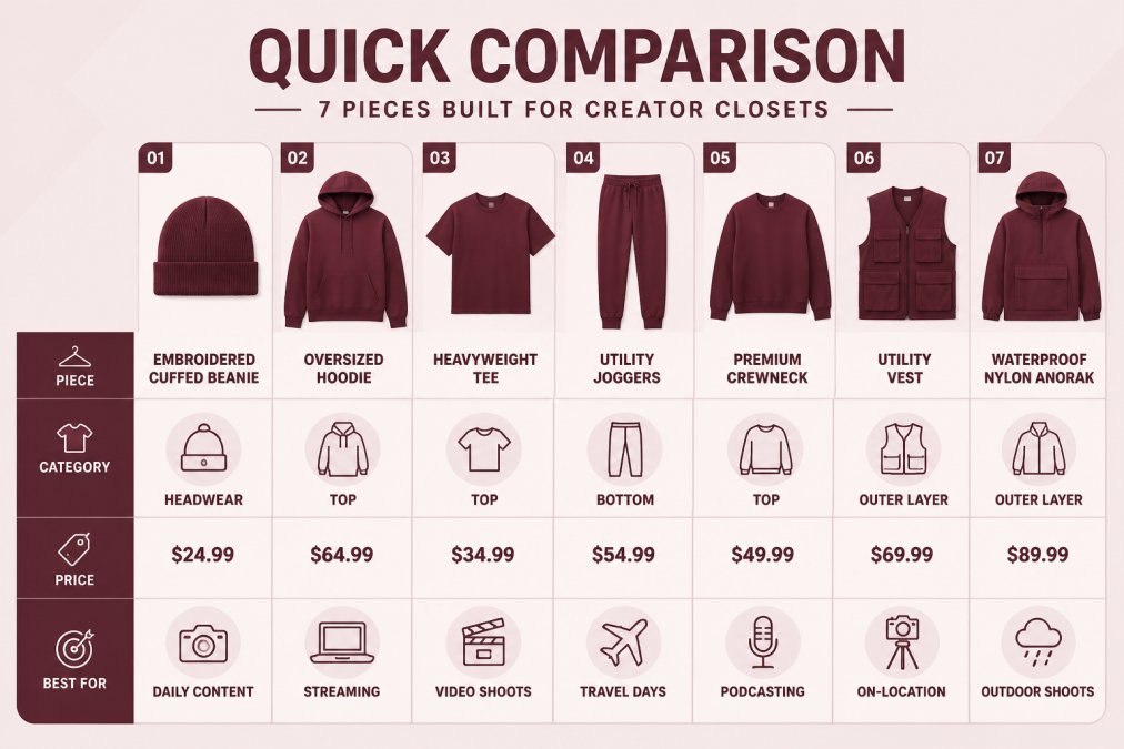 Comparison matrix of 7 Planet iZM creator pieces showing product name, category, price, and best-for use case, with prices ranging from $24.99 for the Embroidered iZM Cuffed Beanie to $89.99 for the Waterproof Nylon Anorak Jacket