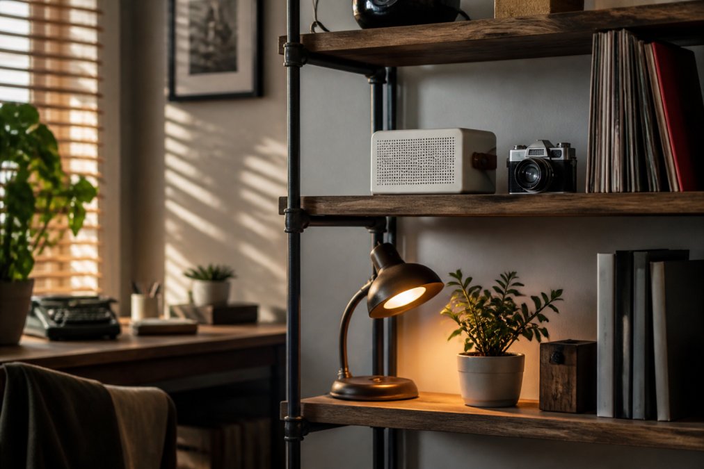 A cozy home office shelf styled with a small retro white noise Bluetooth speaker, a mini SLR-shaped pocket camera, a few vinyl records, and a warm desk lamp, shot from a slight angle in soft afternoon light