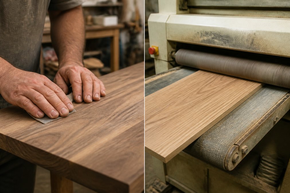 Close-up of a woodworker's hands performing detailed hand-sanding on a wooden surface, revealing the wood grain and texture in natural workshop lighting