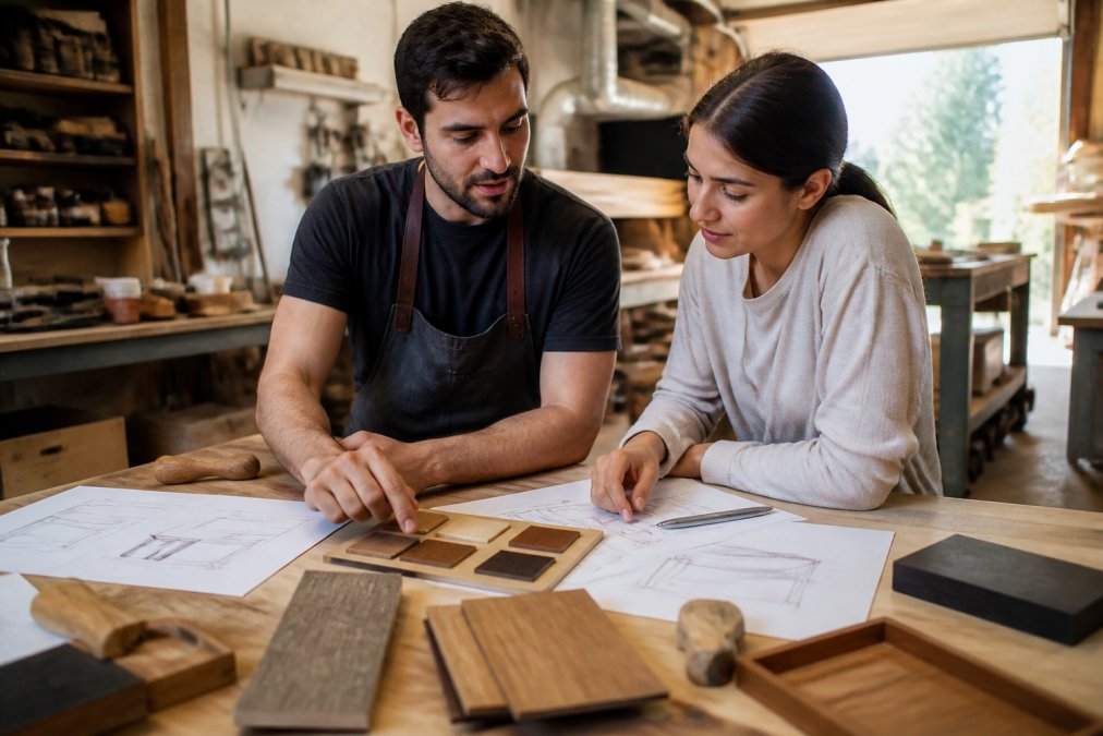 Woodworker in workshop reviewing design sketches and wood samples with a client, discussing custom project details at a workbench with natural light