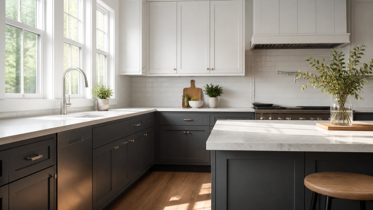 Modern kitchen featuring white upper cabinets paired with dark charcoal gray lower base cabinets, natural light streaming through windows illuminating the contrast and depth created by the two-tone design