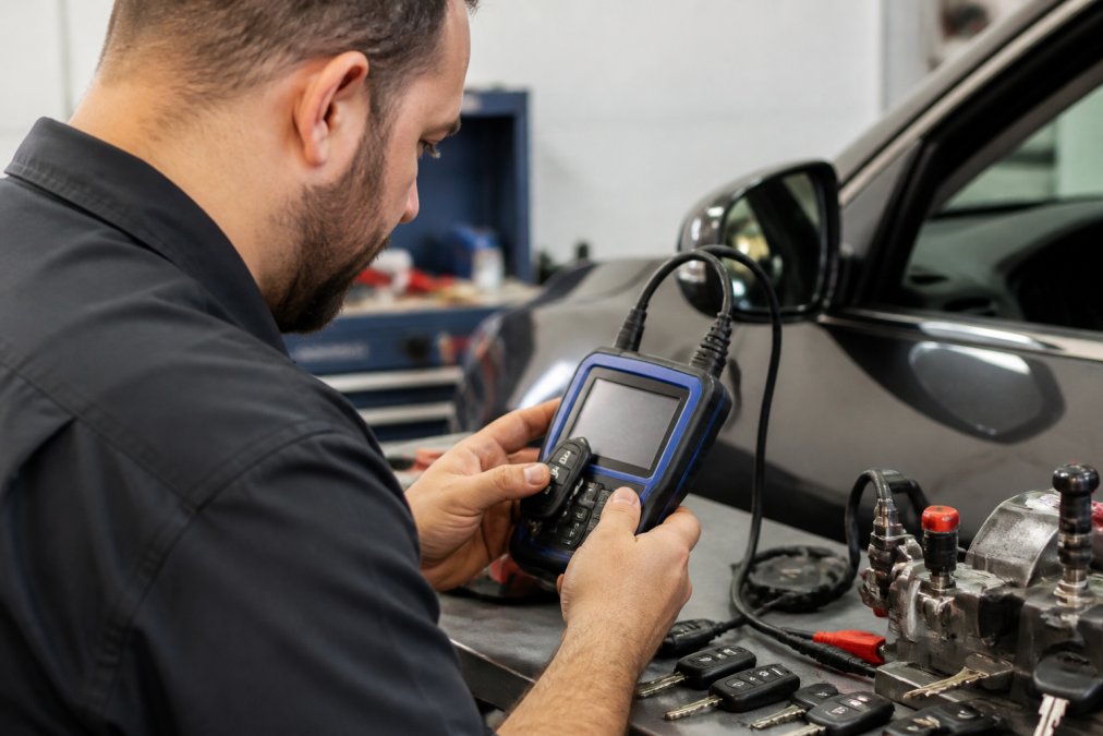 Professional locksmith working on modern vehicle's key fob programming system with specialized diagnostic equipment visible on workbench, hands holding key fob near diagnostic scanner in well-lit service area