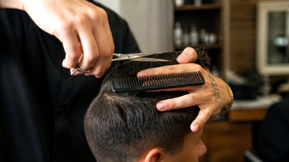 Professional barber's hands demonstrating scissor-over-comb technique with comb held flat against client's head and scissors positioned precisely above comb teeth, showing detailed finger positioning and hair texture