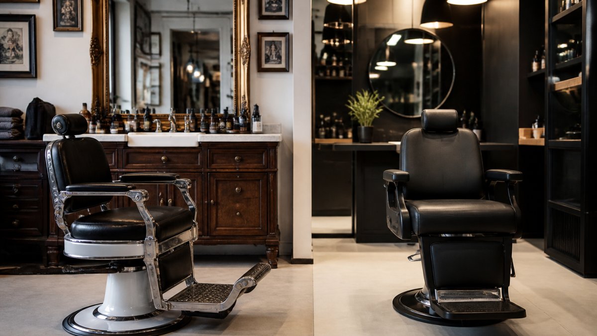 Two barber chairs side by side in a bright shop, one with a classic leather-and-chrome chair against a vintage mirror, the other with a modern matte-black chair under warm pendant lighting