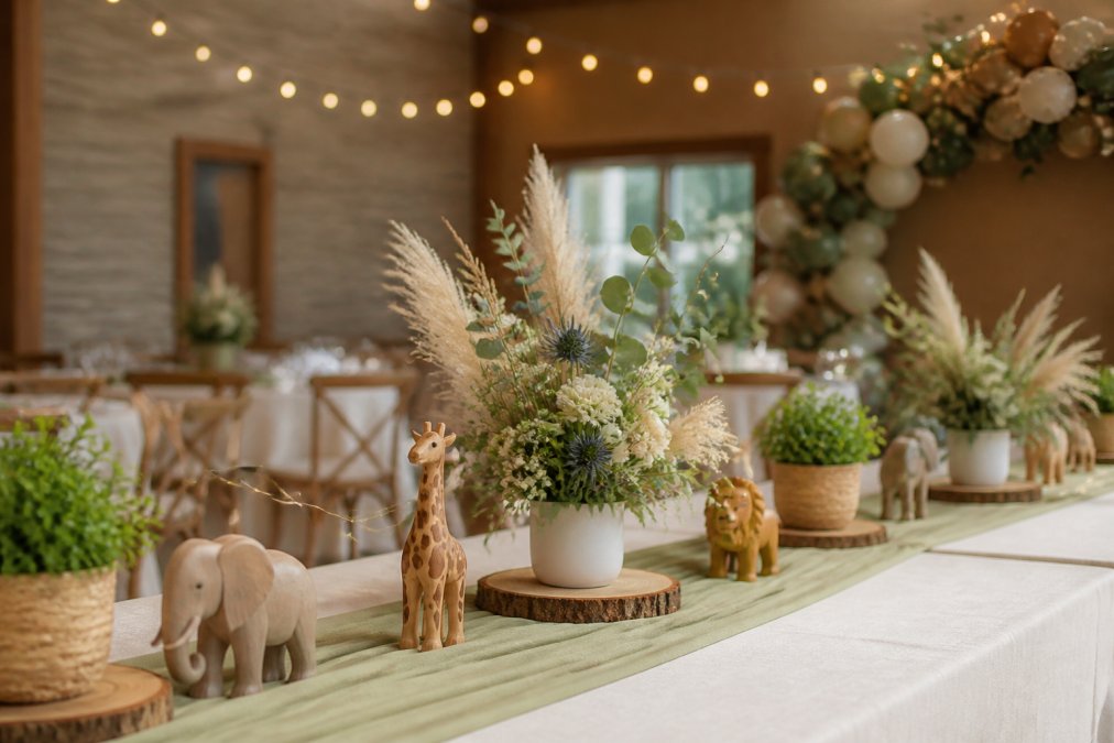 Beautifully styled baby shower table setup with sage green linen runner, cream tablecloth, wooden animal figurines, potted greenery, twinkle lights draped overhead, and neutral-toned floral centerpieces with dried grasses and eucalyptus arranged on wooden rounds