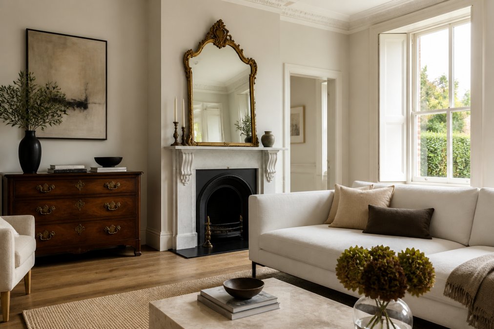 A bright living room with a modern minimalist sofa paired with an antique walnut chest of drawers and a gold ornate mirror above a fireplace, natural light streaming in across a wooden floor