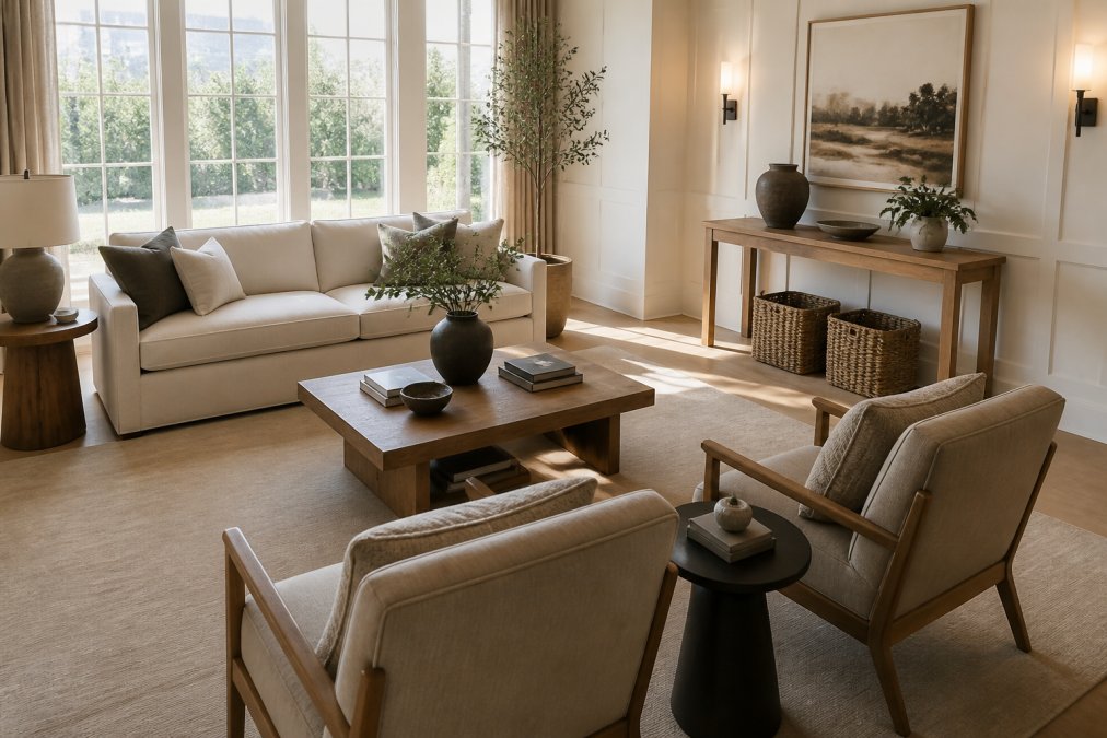 Diagram illustrating an efficient room layout with clear walking paths between a sofa, armchairs, and console table.