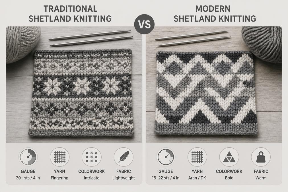 A close-up of two knitted swatches side by side on a wooden table, one in fine traditional Shetland wool with intricate Fair Isle colorwork and one in a slightly thicker modern yarn with a contemporary geometric pattern, natural light with knitting needles and a ball of yarn nearby